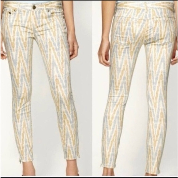 Free People Pants - Printed Slim Ankle Pants in Soft Yellow & Light Blue